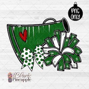 Cheer Design PNG, Cheer Megaphone and Pom Poms with Bow in Dark Green PNG, Cheer Sublimation PNG, Cheerleading design