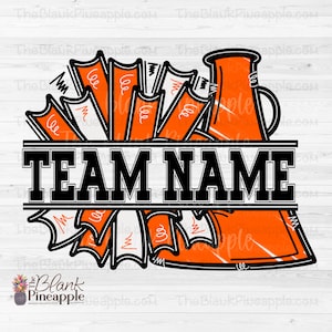 Cheer Design PNG, Add Your Own Name Cheer Megaphone and Pom Poms in Orange PNG, Cheer Sublimation PNG, Cheerleading design