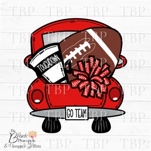 Football PNG Red Vintage Truck with Football Pom Pom PNG 300dpi Clipart Sublimation Download Design