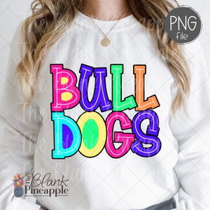 Bulldogs Mascot PNG, Colorful Bulldogs Mascot design outlined in black, Bulldogs mascot shirt png. PNG design for Dtg, Dtf, and Sublimation