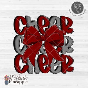 May include: Cheer graphic with a red bow. The word "cheer" is repeated three times in a stacked design. The word "cheer" is in a gray color with a black outline. The bow is red with a white outline.