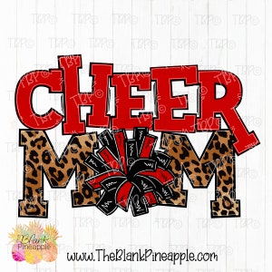 Cheer Design PNG, Cheer Mom Leopard with Red and Black Pom Poms PNG, Cheerleading design, Cheer sublimation design Png