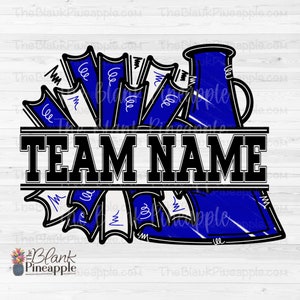 Cheer Design PNG, Add Your Own Name Cheer Megaphone and Pom Poms in Royal Blue, Cheer Sublimation PNG, Cheerleading Design