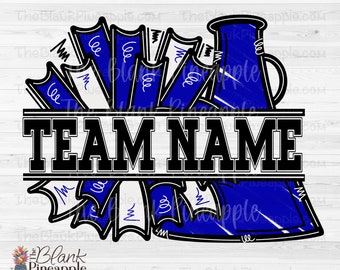 Diseño de porristas PNG, agregue su propio nombre Megáfono de porristas y pompones en azul real, sublimación de porristas PNG, diseño de porristas