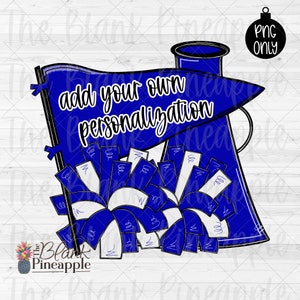 Cheer Design PNG, Cheer Megaphone and Pom Poms with Pennant in Blue, Cheer Sublimation PNG, Add Your Own Personalization