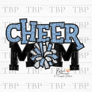Cheer Design PNG, Cheer Mom Black Foil and Light Blue Glitter with Pom Poms PNG, Cheer sublimation design, Cheerleading design, Cheer PNG