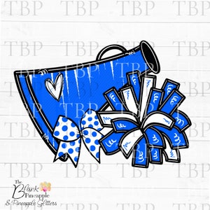 Cheer Design PNG, Cheer Megaphone and Pom Poms with Bow in Indigo, Cheerleading Sublimation Design, Cheerleading png