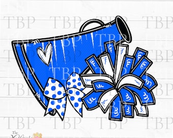 Cheer Design PNG, Cheer Megaphon und Pom Poms mit Schleife in Indigo, Cheerleader Sublimationsdesign, Cheerleader png