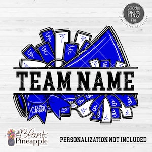 Cheer Design PNG, Add Your Own Name Cheer Megaphone and Pom Poms in Blue PNG, Cheer Sublimation PNG, Cheerleading design