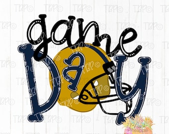 May include: A blue and gold graphic design with the text "game day" and a football helmet.