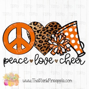 Cheer Design PNG, Cheerleading Peace Love Cheer Leopard Heart in Orange PNG, Cheerleading design, Cheer sublimation design png