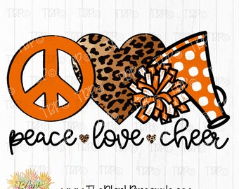 Cheer Design PNG, Cheerleading Peace Love Cheer Leopard Heart in Orange PNG, Cheerleading design, Cheer sublimation design png