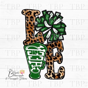 Cheer Design PNG, Cheer Design  LOVE Cheer Leopard and Dark Green PNG Cheer sublimation design, cheerleading design