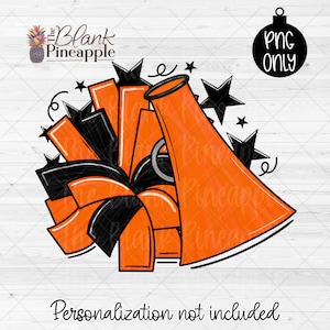 Cheerleading Design PNG, Cheer Megaphone and Pom Pom in Orange and Black PNG, Cheerleading Sublimation Png, Cheer shirt design 300dpi