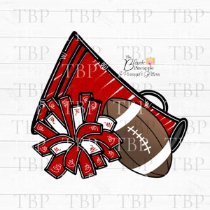 Cheer Design PNG, Cheer Football Megaphone and Pom Pom in Dark Red, Cheerleading sublimation design, Cheer shirt design