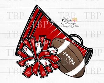 Cheer Design PNG, Cheer Football Megaphone and Pom Pom in Dark Red, Cheerleading sublimation design, Cheer shirt design