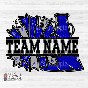 Cheer Design PNG, Add Your Own Name Cheer Megaphone and Pom Poms in Royal Blue and Grey PNG, Cheer Sublimation PNG, Cheerleading Design