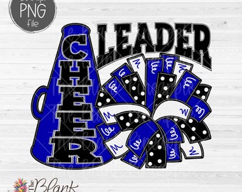 Cheer Design PNG, Cheerleader Pom Pom und Megaphon PNG Design in Blau, Cheer Sublimation PNG, Cheerleader Shirt Design