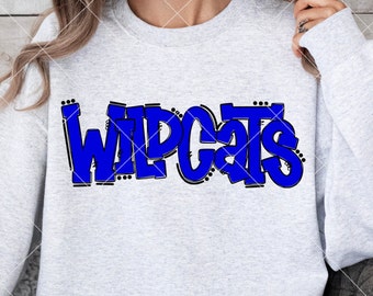 May include: A gray sweatshirt with the word "WILDCATS" printed in blue outlined in black.