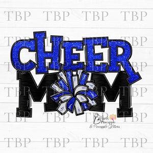 Cheer Design PNG, Cheer Mom Black Foil and Blue Glitter with Pom Poms PNG, Cheer sublimation design, Cheerleading design, Cheerleading PNG