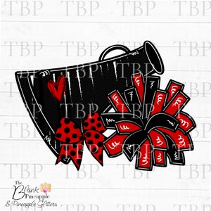 Cheer Design PNG, Cheer Megaphone and Pom Poms with Bow in Red and Black PNG, Cheer Sublimation PNG, Cheerleading design