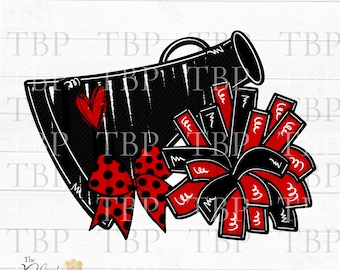 Cheer Design PNG, Cheer Megaphone and Pom Poms with Bow in Red and Black PNG, Cheer Sublimation PNG, Cheerleading design