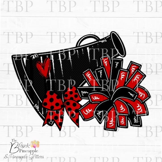 Cheer Design PNG, Cheer Megaphone and Pom Poms with Bow in Red and Black  PNG, Cheer Sublimation PNG, Cheerleading design