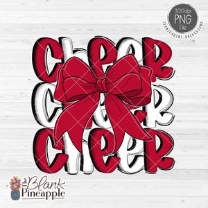 Cheer Design PNG, Cheer with Bow in Red and White PNG, Cheer Sublimation Png, Cheerleading Bow Png, 300dpi RGB