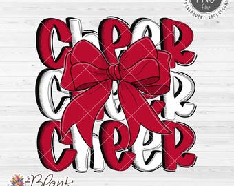 Cheer Design PNG, Cheer with Bow in Red and White PNG, Cheer Sublimation Png, Cheerleading Bow Png, 300dpi RGB
