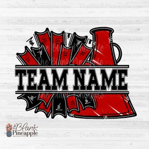 Cheer Design PNG, Add Your Own Name Cheer Megaphone and Pom Poms in Red and Black PNG, Cheer Sublimation PNG, Cheerleading design