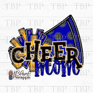 Cheer Design PNG, Cheer Mom Royal Blue e Yellow Gold Pom Pom PNG, Cheerleading Sublimation Design Royal hex 0504aa Gold hex ffb612