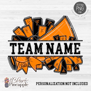 Cheer Design PNG, Add Your Own Name Cheer Megaphone and Pom Poms in Orange and Black PNG, Cheer Sublimation PNG, Cheerleading design