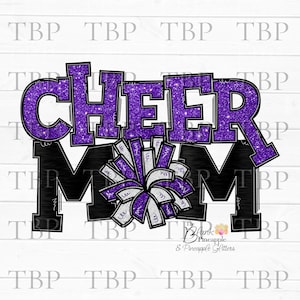 Cheer Design PNG, Cheer Mom Black Foil and Purple Glitter with Pom Poms PNG, Cheer sublimation design, Cheerleading design, Cheer PNG