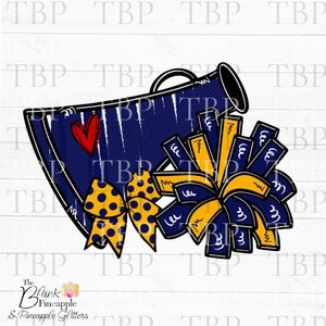 Cheer Design PNG, Cheer Megaphone and Pom Poms with Bow in Navy and Yellow Gold PNG, Cheer Sublimation PNG, Cheerleading design