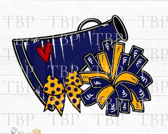 Cheer Design PNG, Cheer Megaphon und Pom Poms mit Schleife in Marine und Gelbgold PNG, Cheer Sublimation PNG, Cheerleader Design