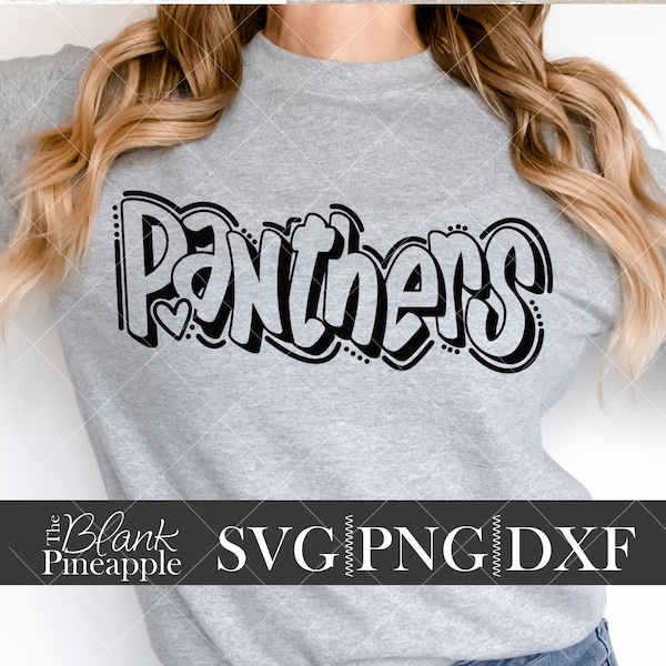 Archivo SVG de corte de Panthers, descarga digital de SVG, Dxf y PNG de la mascota de Panthers, diseño de camiseta con el nombre de la mascota, diseño del nombre del equipo, letras escritas a mano