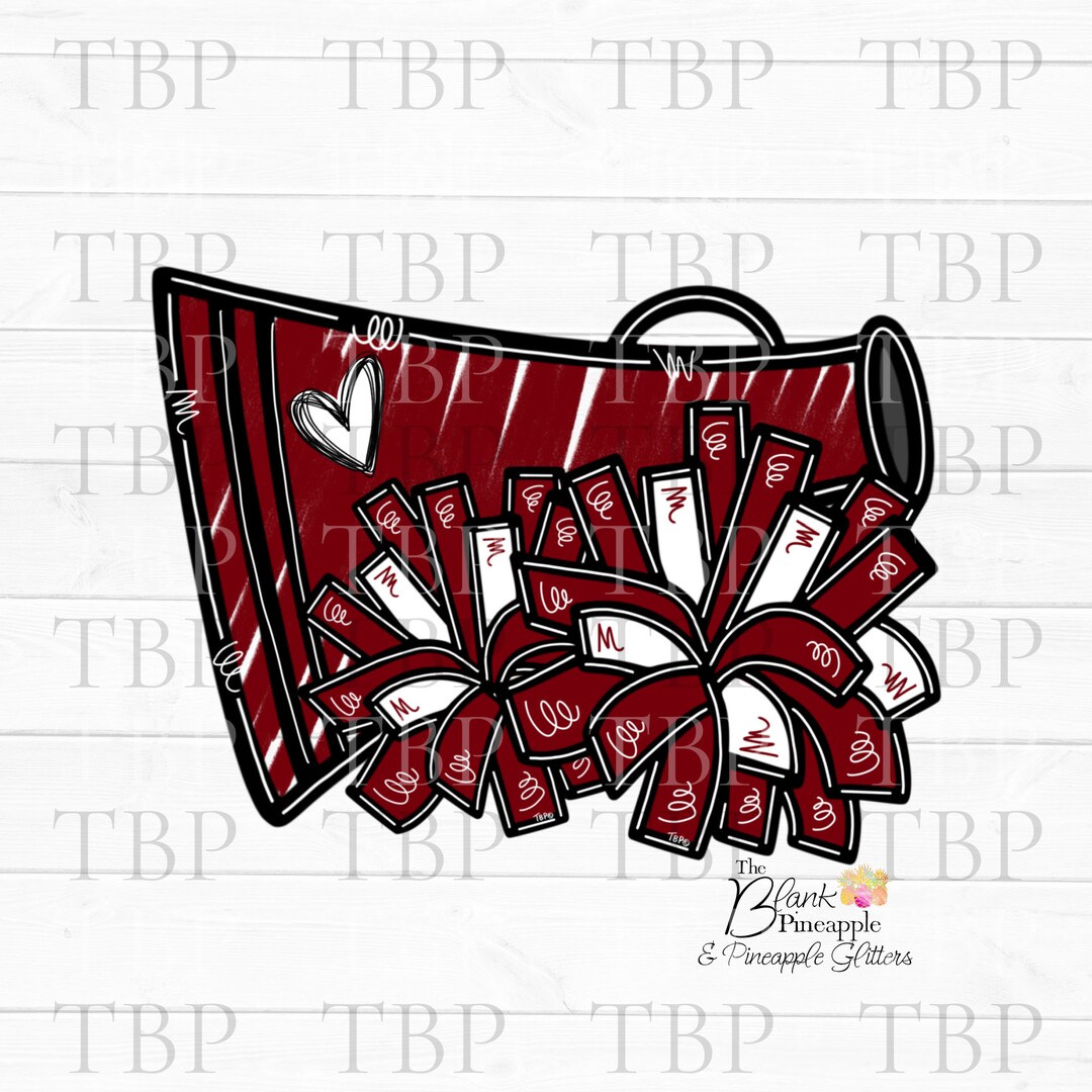 Cheer Design PNG, Cheer Megaphone and Pom Poms in Dark Red PNG