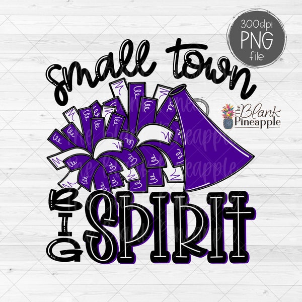 Cheer Design PNG, Pom Pom and Megaphone Small Town Big Spirit in Purple, PNG 300dpi  Cheerleading Sublimation Design PNG