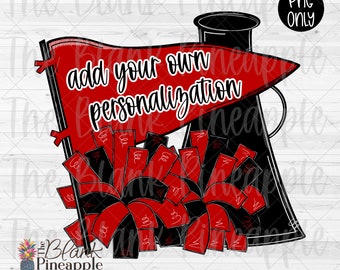 Cheer Design PNG, Cheer Megaphone and Pom Poms with Pennant in Red and Black, Cheer Sublimation PNG, Add Your Own Personalization