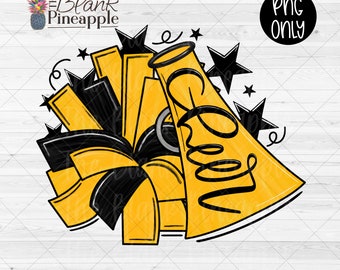 Cheerleading Design PNG, Cheer Megaphone and Pom Pom with "Cheer" in Yellow and Black PNG, Cheer Sublimation Png, Cheer shirt png 300dpi