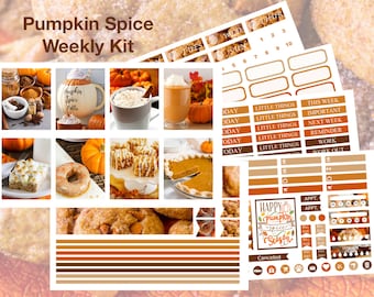 May include: A weekly kit with a pumpkin spice theme. The kit includes stickers with images of pumpkin spice lattes, donuts, and pie. Text includes "Pumpkin Spice Weekly Kit", "Happy Pumpkin Spice Season", and various labels for planning.