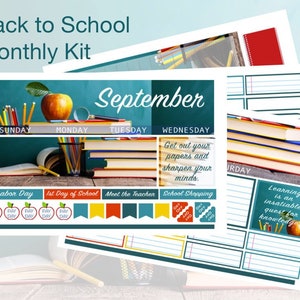 May include: A printable monthly calendar kit for September with a back to school theme. The calendar features a teal background with a stack of books, pencils, and an apple. The days of the week are listed across the top, and there are spaces for writing in events and appointments. The calendar also includes a quote about learning and a few stickers.