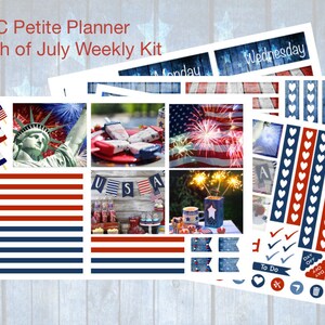 May include: A set of 4th of July themed planner stickers featuring red, white, and blue colors. The stickers include images of fireworks, the Statue of Liberty, and American flags. There are also stickers with the words "Monday", "Wednesday", "To Do", "Day Off", and "4th of July".