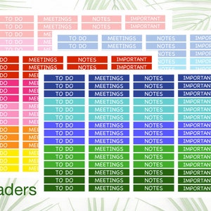 May include: A set of colorful printable planner stickers with the words "To Do", "Meetings", "Notes", and "Important". The stickers are in various colors, including red, blue, green, yellow, and pink.