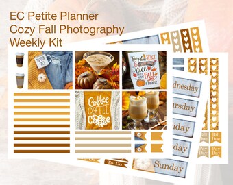 May include: A set of planner stickers with a fall theme. The stickers feature images of coffee, pumpkins, and fall-themed text. The stickers are in shades of brown, orange, and white.
