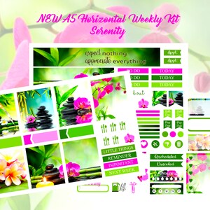 May include: A planner kit with a spa theme. The kit includes stickers with images of zen stones, orchids, and bamboo. The color scheme is green, pink, and white. Text includes "expect nothing appreciate everything" and "Little Things".