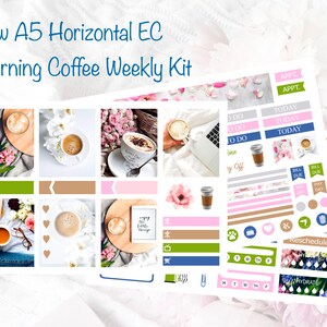 May include: A set of colorful stickers for a weekly planner. The stickers feature images of coffee cups, flowers, and other designs. The stickers are labeled with words like "Today", "To Do", "Pay Day", and "Rescheduled".