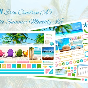 May include: A colorful A5 monthly planner kit with a summer theme. The kit includes a July calendar page with a beach scene, a page with stickers and a page with a calendar for August 2022. The kit features a variety of stickers with beach-themed designs, including palm trees, seashells, and beach chairs.