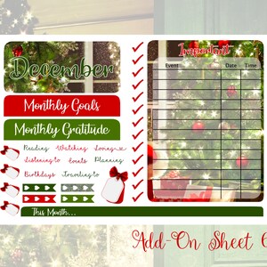 May include: A planner sheet with a Christmas theme. It includes sections for December, monthly goals, and gratitude. There are also check boxes, gift tag stickers, and a section labeled "Important" with space for events, dates, and times. The words "Add-On Sheet 6" are at the bottom.