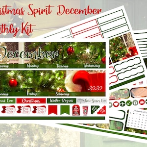 May include: A Christmas-themed planner kit with the text "Christmas Spirit December Monthly Kit." The kit includes decorative stickers, labels, and a calendar for January 2020. The design features a Christmas tree, ornaments, and a Santa hat.